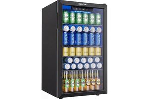 EUHOMY 130 Can Mini Fridge, Beverage Refrigerator with Glass Door, Black | 3.2 Cu.ft Capacity, 37°F to 61°F, Compressor Cooling, Digital Temperature Control, Removable Shelves, Home Bar Office Use