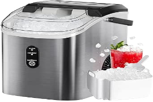 FREE VILLAGE Nugget Ice Maker Countertop, Pebble Ice Maker Machine with Soft Chewable Ice, 34lbs/24H, Self-Cleaning, One-Click Operation, Stainless Steel, Crushed Ice Maker for Home Kitchen Office