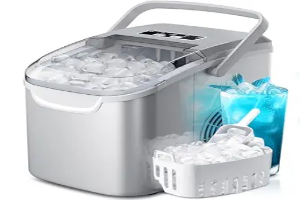 Portable Countertop Ice Maker Machine with Handle, 8 Bullet-Shaped Ice Cubes Ready in 6 Mins, 26Lbs/24H, Self-Cleaning Function with Ice Scoop and Basket for Home/Kitchen/Party (Grey)