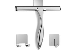 All-Purpose Stainless Steel Shower Squeegee for Shower Glass Door with 2 Adhesive Hooks, Bathroom Cleaner Tool Household Window Mirror Squeegee , Cleaning Tile Wall, Car, 10 Inch Silver