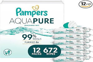 Pampers Aqua Pure Baby Wipes, 99% Water, Fragrance Free, 672 Baby Wipes Total (12X Flip-Top Packs) [Packaging May Vary]