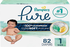 Pampers Pure Baby Diapers, Size 1 (8-14 lbs), 82, Up to 100% Leakproof, Premium Hypoallergenic Soft Diapers