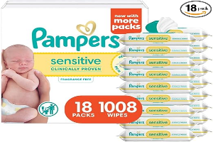 Pampers Sensitive Baby Wipes, Water Based, Clinically Proven, Hypoallergenic, and Unscented for Babies, 1008 Wipes Total (18 Flip-Top Packs) [Packaging May Vary]