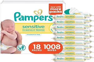 Pampers Sensitive Baby Wipes, Water Based, Hypoallergenic and Unscented, 18 Flip-Top Packs (1008 Wipes Total) [Packaging May Vary]