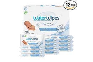 WaterWipes Sensitive+ Newborn & Baby Wipes, 3-In-1 Cleans, Cares, Protects, 99.9% Water, Unscented & Hypoallergenic, 720 Count (12 Packs)