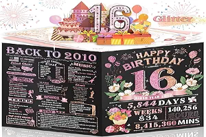 16th Birthday Card for Women Her, Large 3D Pop Up 16th Birthday cards for Mom Wife, Happy 16 Year Old Birthday Decorations for Grandma, Mother, Daughter Funny Birthday Gifts, Back to 2010, Pink