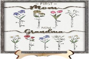 Mothers Day Gifts For Mom, Grandma, Customized Birth Month Flower with Names, Personalized Wood Plaque Wall Art Birthday Gifts Grandma Gifts From Grandkids