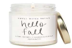 Sweet Water Decor Hello Fall Candle | Cinnamon, Apples, and Clove Autumn Scented Soy Candles for Home | 9oz Clear Jar, 40 Hour Burn Time, Made in the USA
