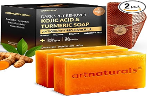 artnaturals Kojic Acid, Turmeric Dark Spot Remover Soap Bars with Vitamin C, Retinol, Collagen & Shea Butter - Original Japanese Complex Infused with Hyaluronic Acid - Includes African Net Sponge, 2 Pack