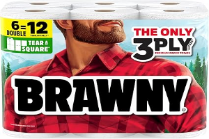 Brawny Tear-A-Square 3-Ply Paper Towels, 6 Double Rolls = 12 Regular Rolls, Strong, Absorbent, and Durable with 3 Sheet Sizes (Quarter, Half, Full)