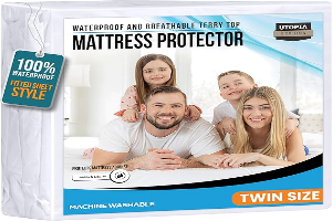 Twin Size Mattress Protector Waterproof, Premium 200 GSM Terry Mattress Cover, Soft & Breathable Bed Cover, Fitted Sheet Style Stretchable Deep Pockets 15" by Utopia Bedding (White)