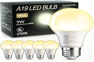 TJOY 6 Pack A19 LED Light Bulbs, 60 Watt Equivalent LED Bulb, Soft Warm White 2700K, Efficient 9W, E26 Standard Base, Non Dimmable Energy Saving Lightbulb, 800LM, 80 CRI, 120V, UL Listed