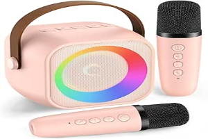 Karaoke Machine for Kids Adults, Mini Portable Bluetooth Karaoke Speaker with 2 Wireless Microphone and Lights, Birthday Gifts for Girls Ages 4, 5, 6, 7, 8, 9, 10, 12+ Family Home Party