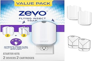 Zevo Flying Insect Trap for Indoors: Light Trap Captures Fruit Flies, Gnats and Houseflies, Starter Kit Value Pack (2 Plug-in Bases + 2 Cartridges)