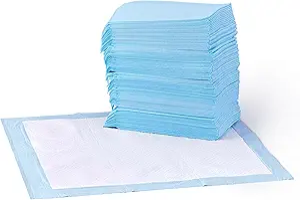 Amazon Basics Leak-Proof Dog and Puppy Potty Training Pee Pads with Quick-Dry 5-Layer Super Absorbent Surface for Dog Training, Floor Protection, Regular Size 22x22", Blue & White, 50 Count
