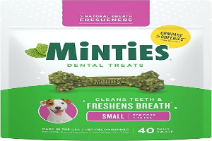 Minties Dog Dental Bone Treats, Tiny/Small Dental Dog Treats, 16 Ounces, Cleans Teeth, Fight Bad Breath, Removes Plaque and Tartar, 40 Count