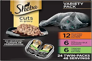 Sheba Perfect Portions Wet Cat Food Cuts in Gravy, Cat Food Wet Recipe, Roasted Chicken Entree, with Sustainable Salmon, Tender Turkey Entree, 2.6 oz. Twin-Pack Trays (24 Count, 48 Servings)