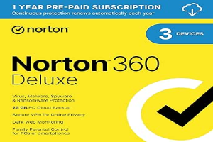 Norton 360 Deluxe 2024, Antivirus software for 3 Devices with Auto Renewal - Includes VPN, PC Cloud Backup & Dark Web Monitoring [Download]