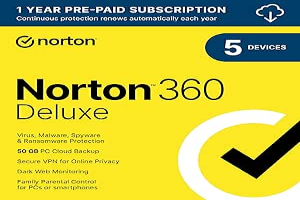 Norton 360 Deluxe 2024, Antivirus software for 5 Devices with Auto Renewal - Includes VPN, PC Cloud Backup & Dark Web Monitoring [Download]