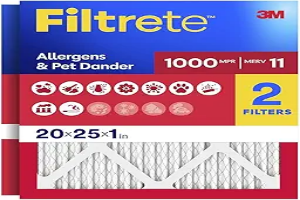 Filtrete 20x25x1 AC Furnace Air Filter, MERV 11, MPR 1000, Micro Allergen Defense, 3-Month Pleated 1-Inch Electrostatic Air Cleaning Filter, 2 Pack (Actual Size 19.688 x 24.688 x 0.84 in)