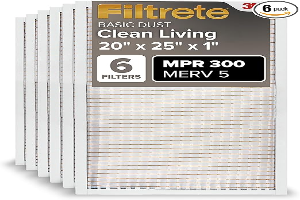 Filtrete 20x25x1 Air Filter MERV 5, 6-Pack AC Furnace HVAC Filters for Home, MPR 300 Basic Dust Defense, Pleated Electrostatic Removes Lint & Dust (Actual Size 19.69x24.69x0.81 in)