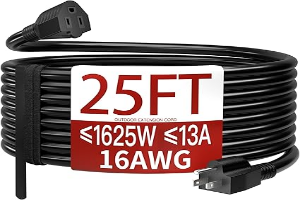 Skrizcable 16/3 25 FT Outdoor Extension Cord Waterproof, Weatherproof & Flame Retardant Black 3 Prong Power Cord Outside for Lawn & Garden, 13 Amps 1625 Watts 125 VAC 16AWG SJTW, ETL Listed