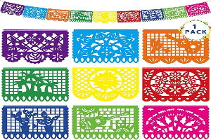 18 FT Cinco De Mayo Party Decorations, 1 Pack Fiesta Banner with 9 Plastic Papel Picado, Colorful Mexican Theme Party Flag Banner Dia De Los Muertos Day of the Dead Hanging Decor Home Party Supplies
