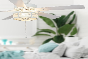 RIVER OF GOODS Alabaster LED Mesh Caged Ceiling Fan - 52" L X 52" W - White/Oak Wood-Grain Blades