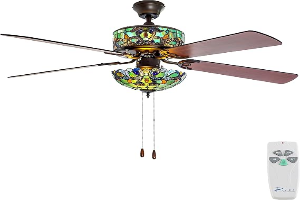 RIVER OF GOODS Stained Glass Magna Carta LED Ceiling Fan - 52" L x 52" W - Tiffany Style - Flush Mount Ceiling Fan with Remote - Teal